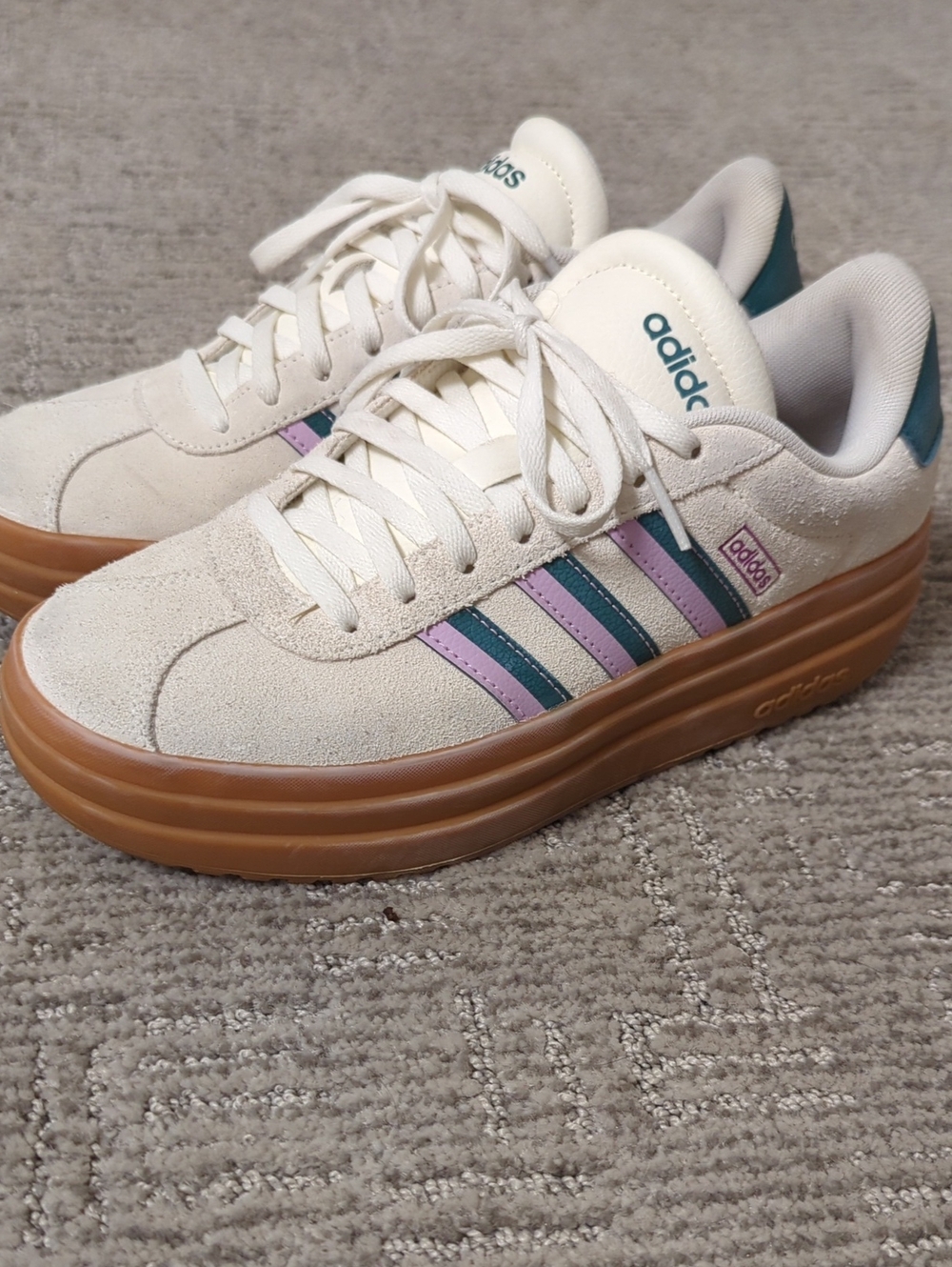 adidas Women's Suede Platform Sneakers in Cream with Teal & Lavender Stripes - Picture 1 of 4